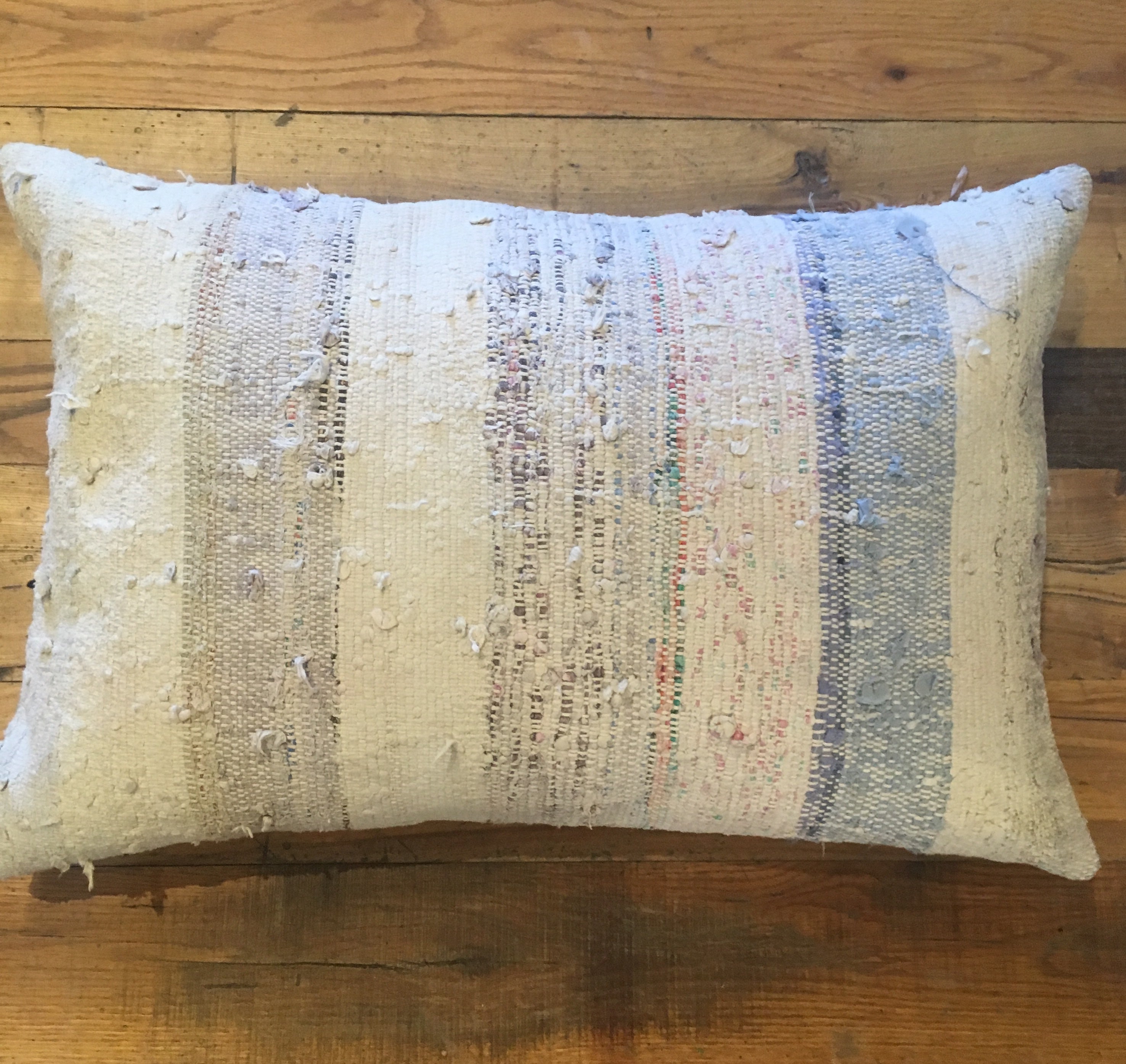 Vintage Rag Rug Neutral Soft/Blue Pillow - 16x24