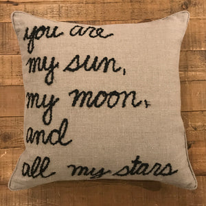 Black Word Yarn Pillow 22x22 - "Sun Moon Stars"