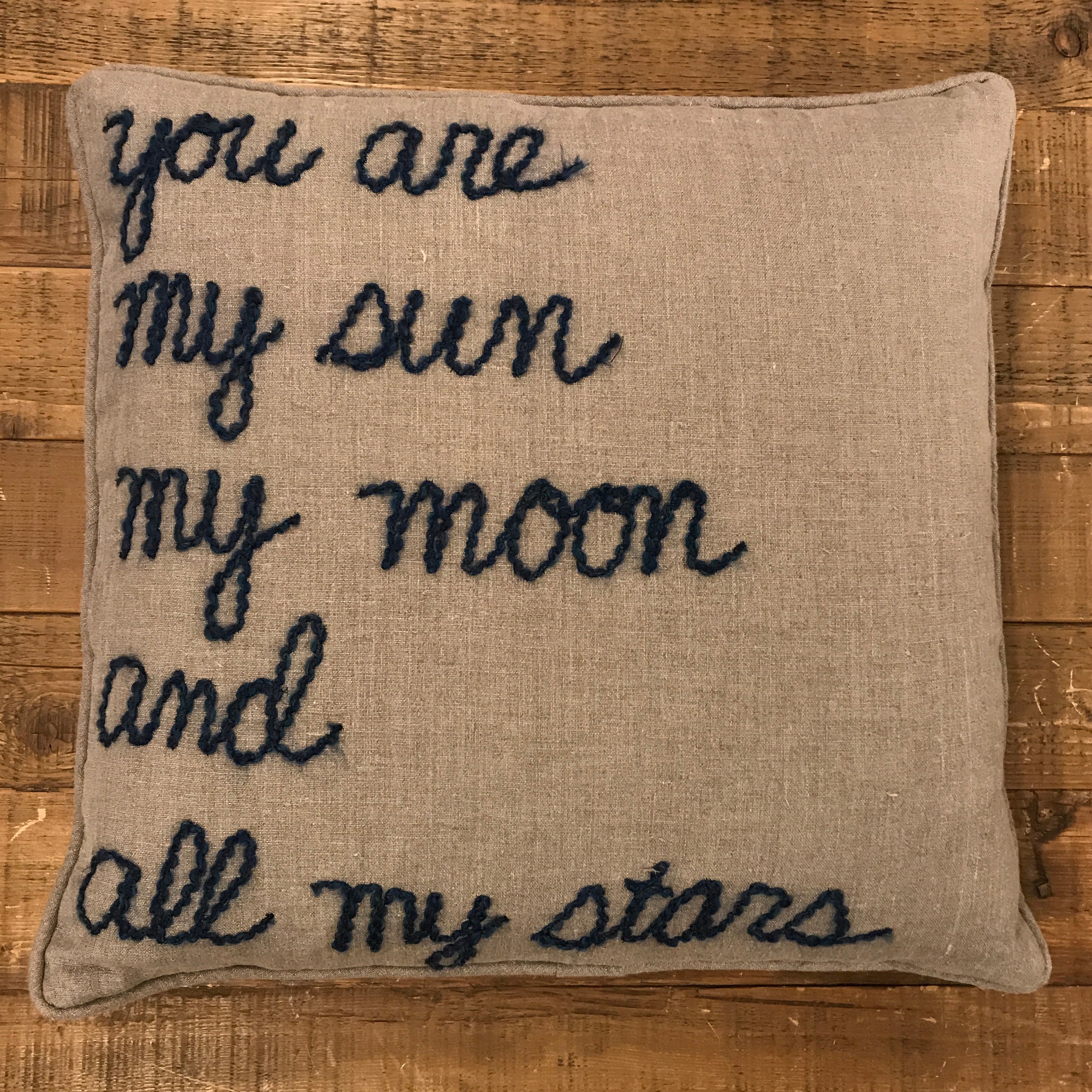 Blue Word Yarn Welt Pillow 22x22 - "Sun Moon Stars"